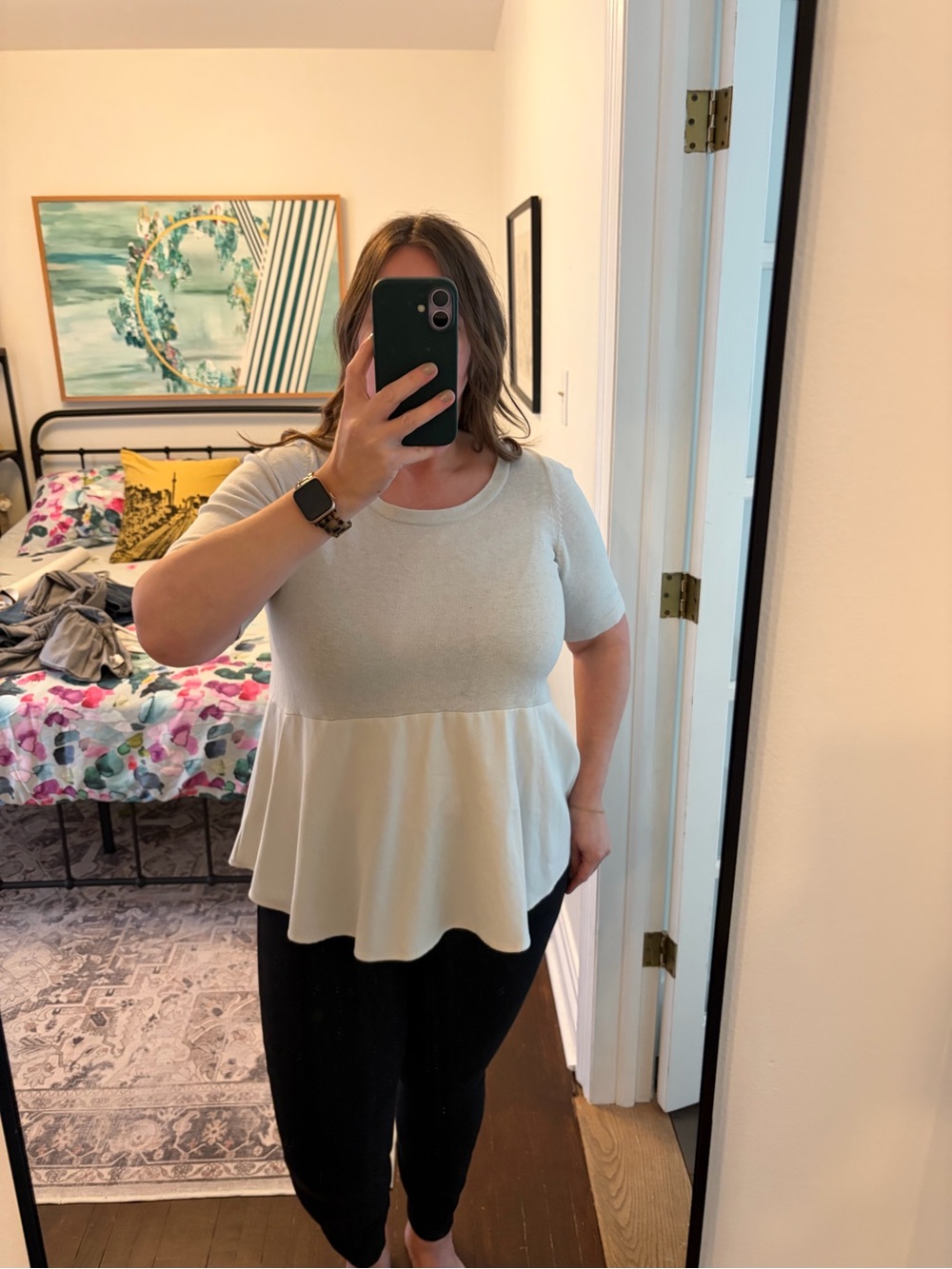 Anthropologie Cream Peplum Short-Sleeve Top